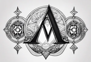 Intricate letter M, the number 4, Libra symbol, and two interlocking Mars symbols tattoo idea