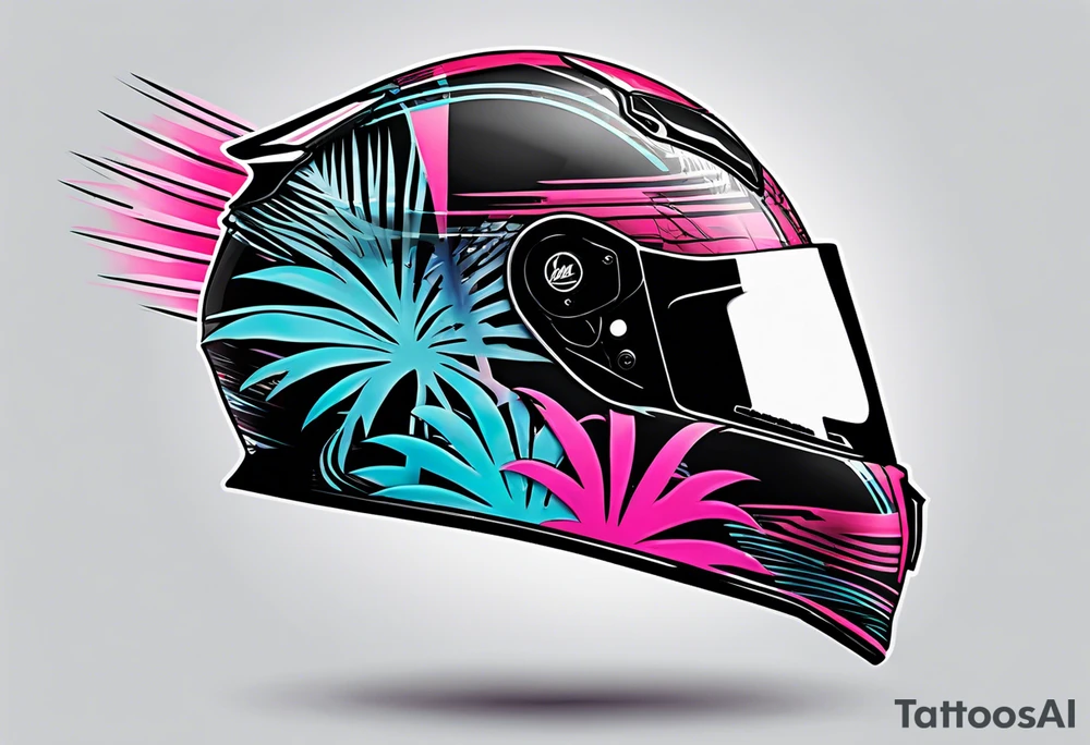 Formula 1 helment with the Miami name a palm tree and light blue black and pink colors tattoo idea