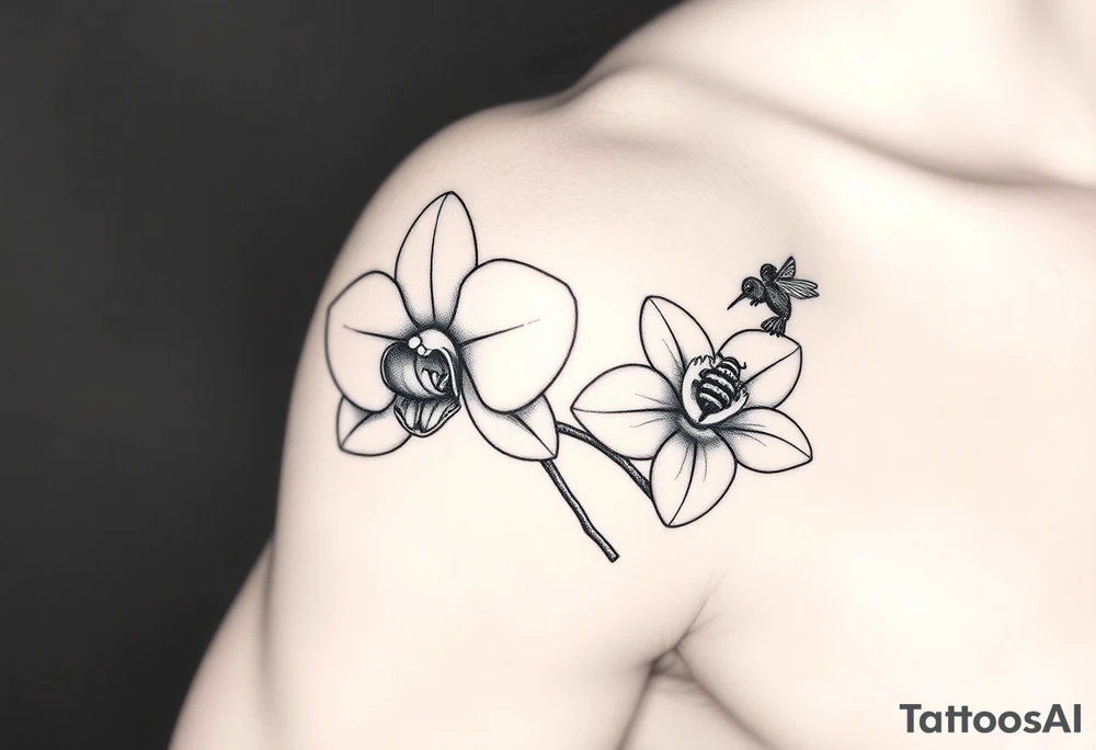 A delicate, black and white fine-line tattoo for male, featuring gracefully detailed 2 orchids in full bloom including their stems, with soft, intricate petals and elegant curves. Beside it, a hummingbird hovers mid-flight, its wings drawn with subtle motion lines, its slender beak reaching toward the orchid’s center to drink its nectar. on the other flower there is a bee that is resting tattoo idea