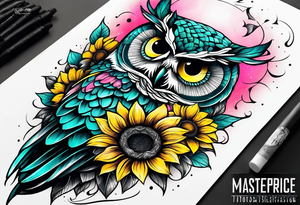 Sleeve with teal, pink and yellow owl and yellow sunflowers tattoo idea