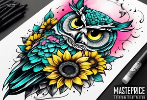 Sleeve with teal, pink and yellow owl and yellow sunflowers tattoo idea