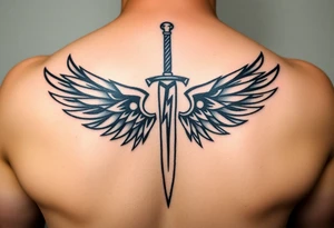 Wings wrapping up and around surrounding a sword and lightening bolt tattoo idea