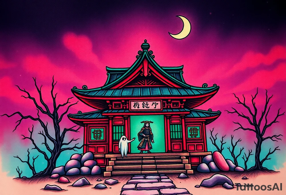 Tim Burton’s haunted pastel Tokyo shrine is abandoned except for one lone samurai ghost and dripping with muted reds, dusty pinks, and eerie green glow.purple and cyan smokey clouds swirl in the crescent moonlit sky thats sprinkled with stars tattoo idea tattoo idea