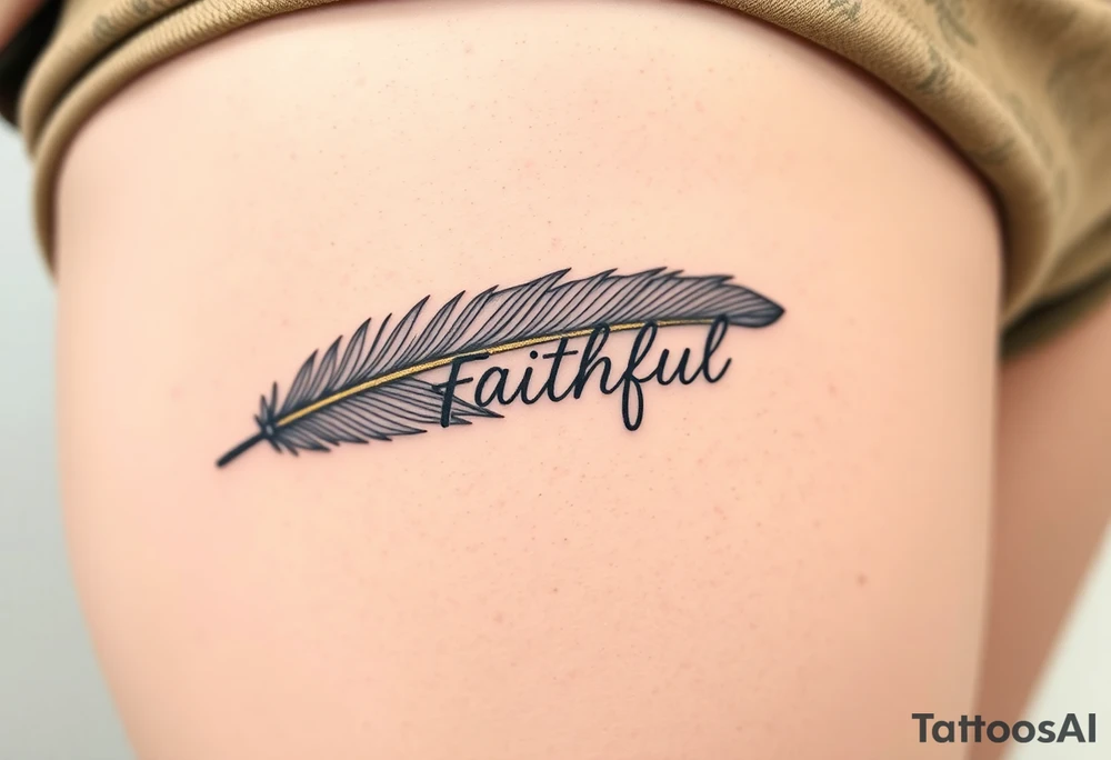 A feather with a fine-line geometric design in black and gold, featuring the word "Faithful", signifying devotion and trust tattoo idea