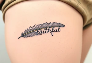 A feather with a fine-line geometric design in black and gold, featuring the word "Faithful", signifying devotion and trust tattoo idea