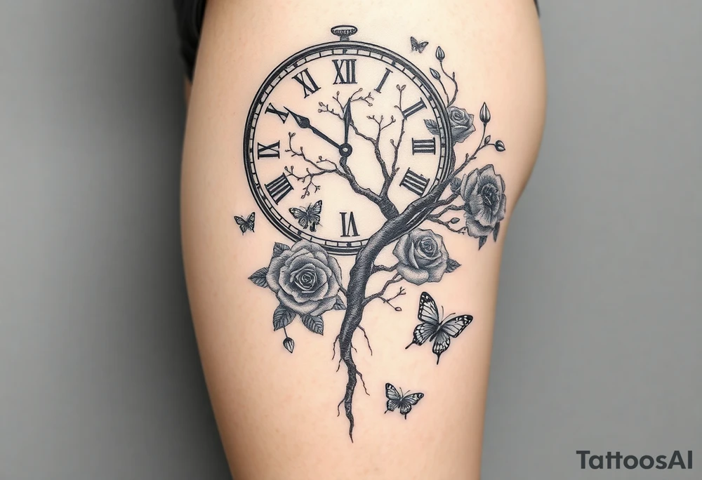 a big clock, poisoned tree, big and small roses, big and small butterflies tattoo idea