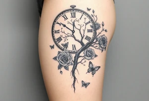 a big clock, poisoned tree, big and small roses, big and small butterflies tattoo idea