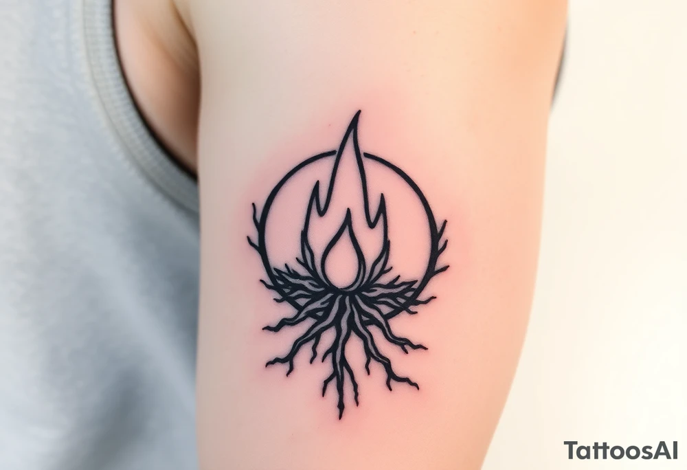 a round flame imprisoned in a roots circle tattoo idea