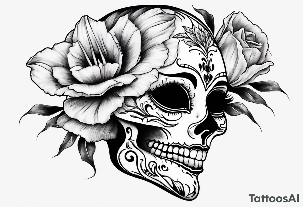 Catrina head with dutch tulip between teeth, from side tattoo idea Catrina head with dutch tulip between teeth, from side tattoo idea