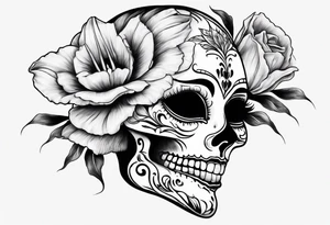 Catrina head with dutch tulip between teeth, from side tattoo idea