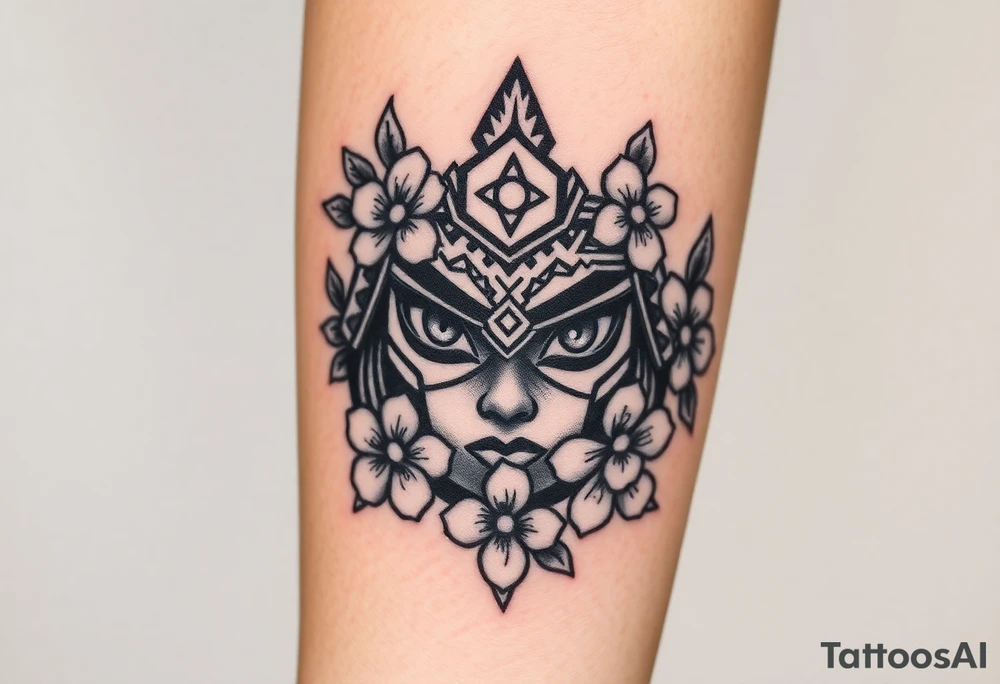 Saramarau women eyes warrior With cherry blossom around tattoo idea