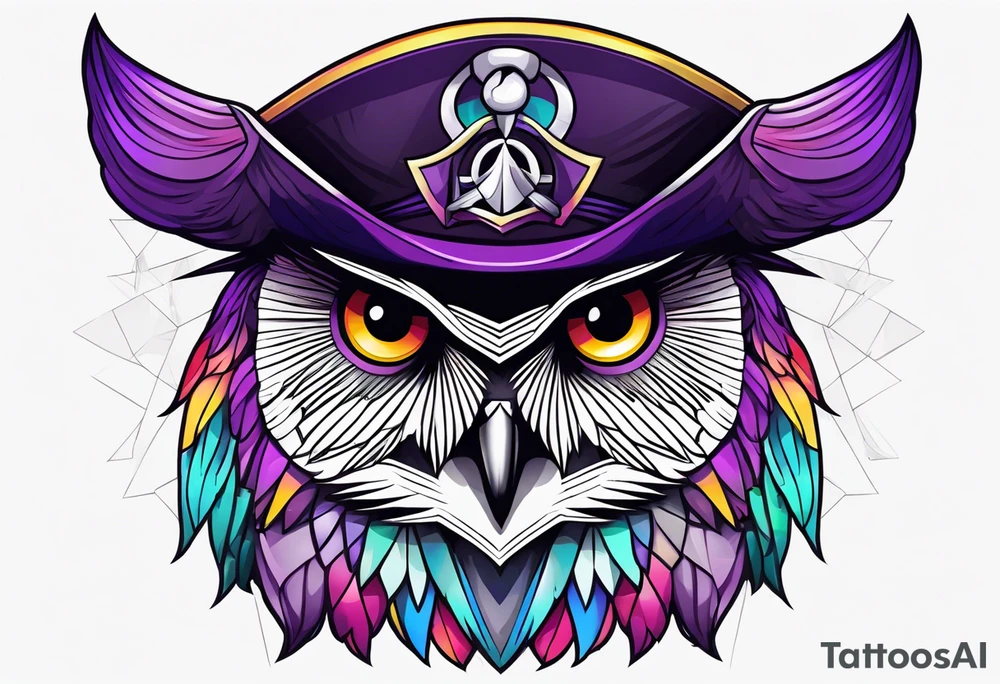 Owl pirate hat geometric purple rainbow tattoo idea