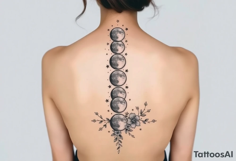 All the Phases of the moon detailed down the spine details on the moon. With vines and stars and flowers along the sides down beside the phases of the moon tattoo idea