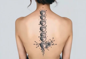 All the Phases of the moon detailed down the spine details on the moon. With vines and stars and flowers along the sides down beside the phases of the moon tattoo idea