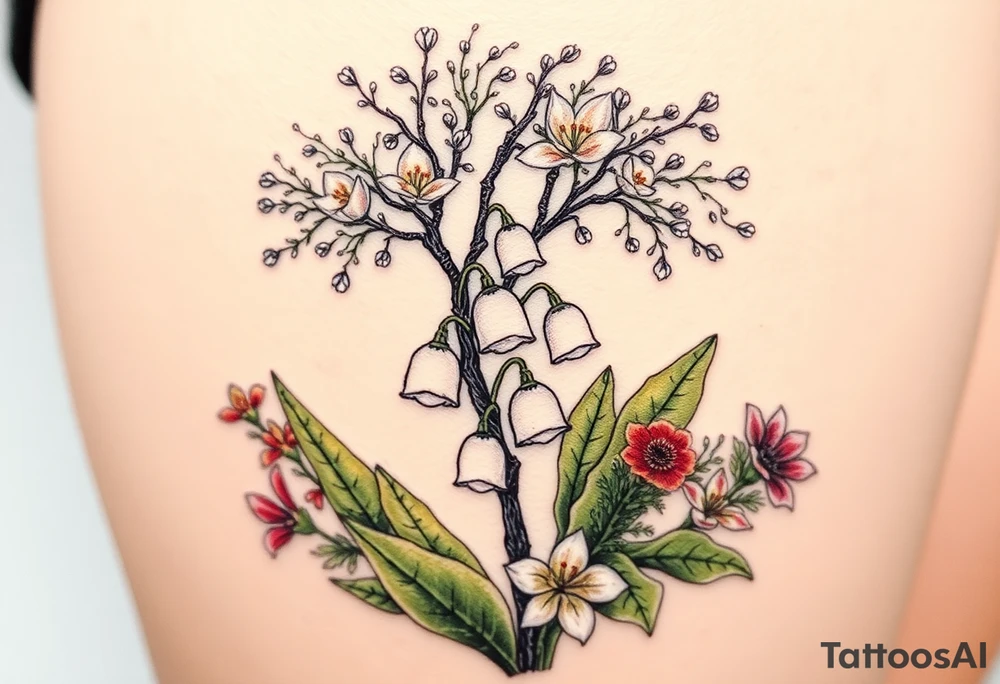 White lily in the valley bells with other different colored lilies surrounding underneath a blooming hawthorn tree tattoo idea