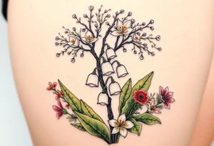 White lily in the valley bells with other different colored lilies surrounding underneath a blooming hawthorn tree tattoo idea