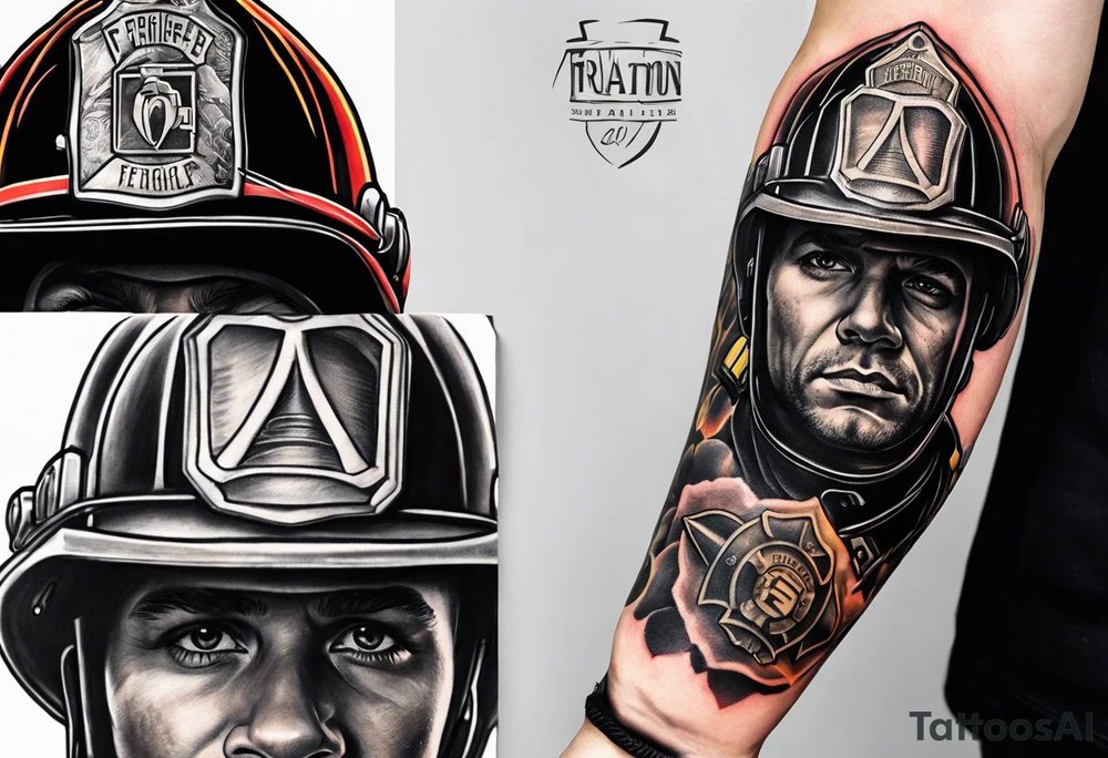 A forearm tattoo that includes firefighter tools and a firefighter helmet tattoo idea