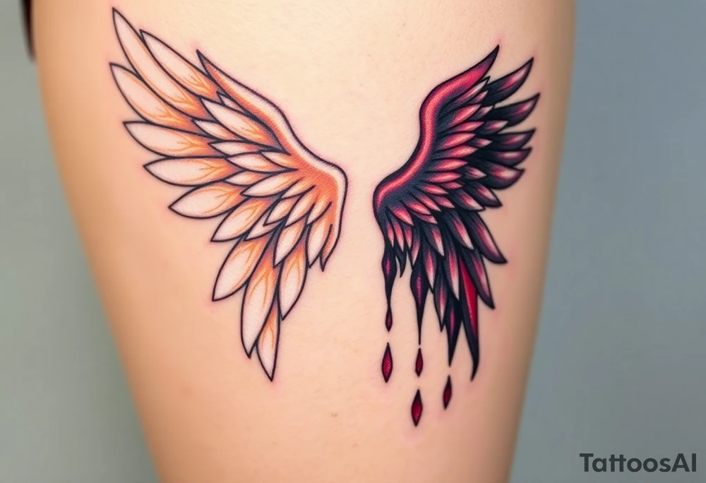 Seraphim angel, with brilliant white wings that shine with golden accents and divine light, is contrasted with a fallen angel, whose wings are tattered and darkened with deep purples, reds, and blacks, dripping with sorrowful tears of blood. tattoo idea