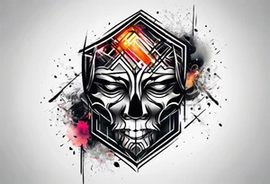 large forearm tattoo with lines, splatters, circles.  more negative space tattoo idea