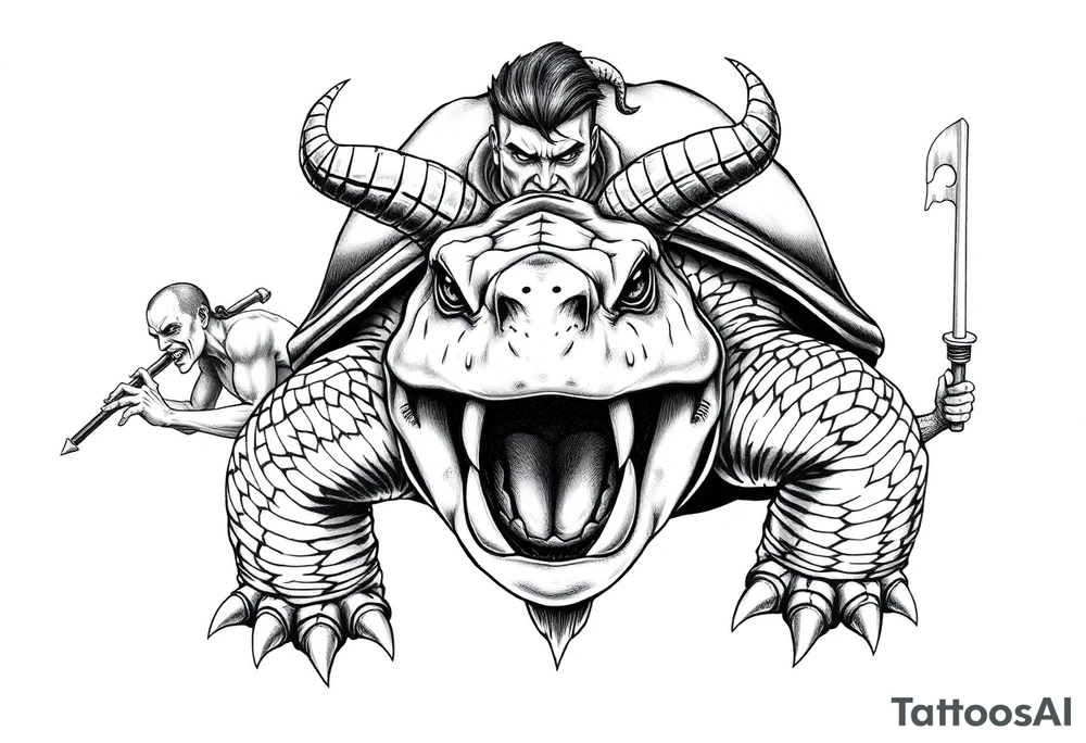A giant and his 2 slaves powerful and angry turtle with goat horns and huge teeth tattoo idea