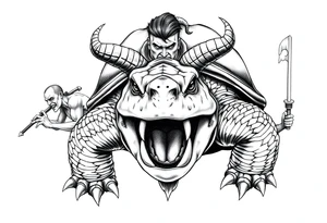 A giant and his 2 slaves powerful and angry turtle with goat horns and huge teeth tattoo idea