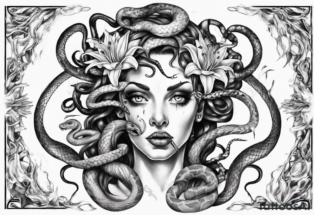 Medusa with white pupils and snake hair. Lilies tattoo idea