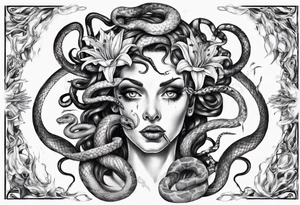 Medusa with white pupils and snake hair. Lilies tattoo idea