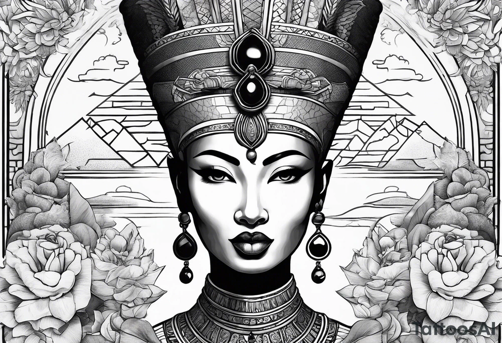nerfertiti with asian style, dragon to cover half arm tattoo idea