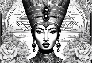 nerfertiti with asian style, dragon to cover half arm tattoo idea