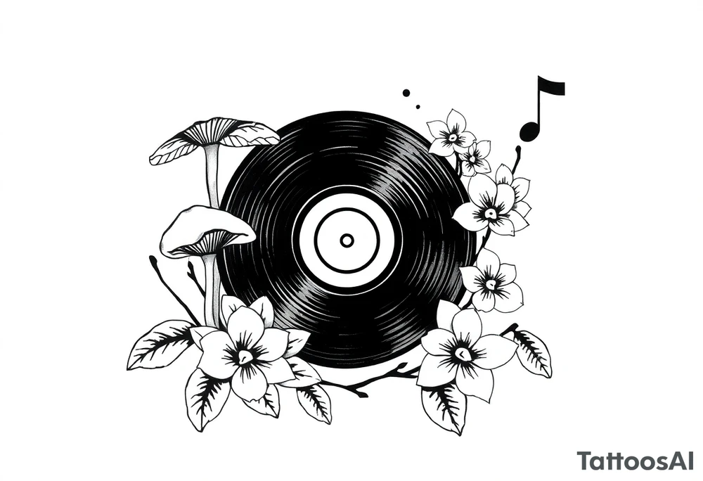 one black and white vinyl record with mushrooms, orchids, and music notes around it tattoo idea