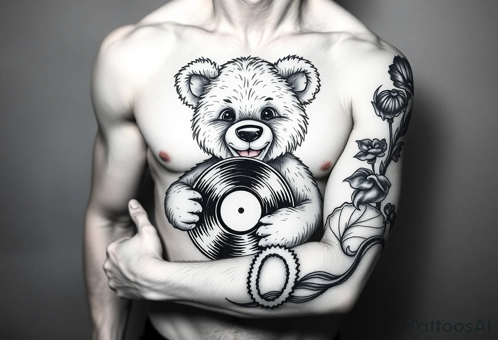 smiling teddy bear holding a vinyl record tattoo idea