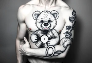 smiling teddy bear holding a vinyl record tattoo idea