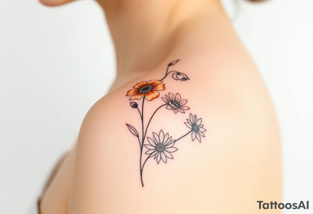 wrist tattoo with marigold, lily of the valley, and chrysanthemum tattoo idea