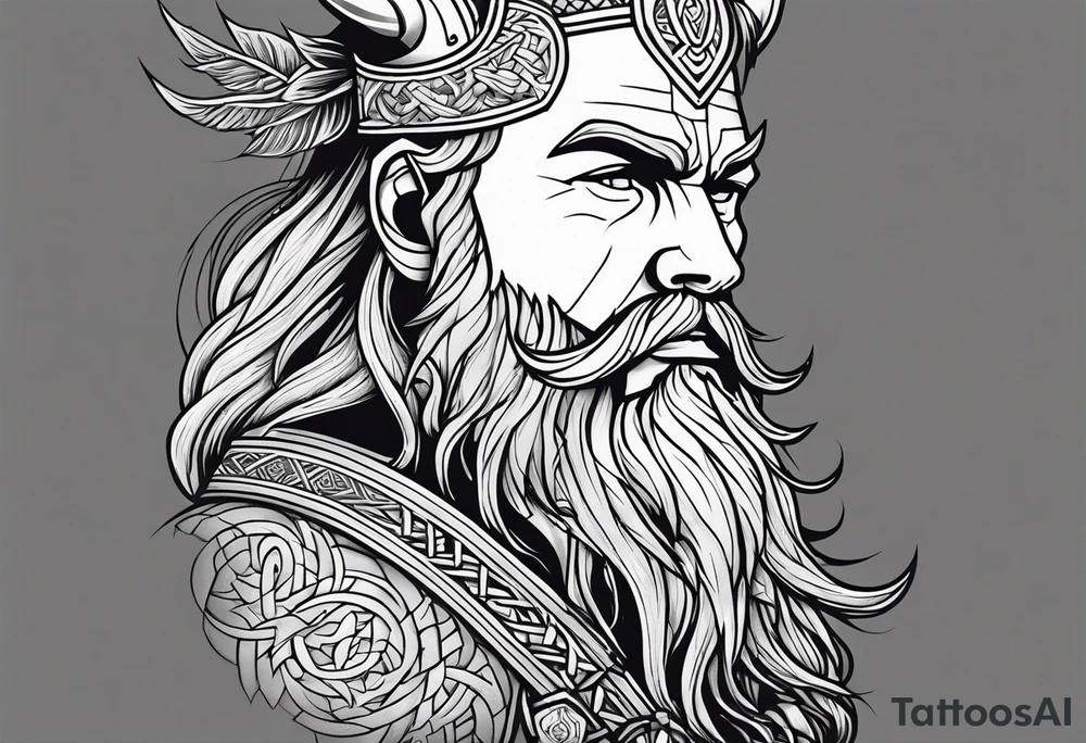 Generate a full left-arm tattoo based on Viking mythology. It has to be a tree with Odin standing next to it, add crows and also a background. tattoo idea