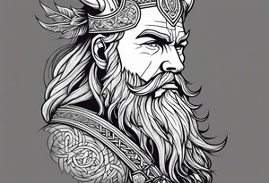 Generate a full left-arm tattoo based on Viking mythology. It has to be a tree with Odin standing next to it, add crows and also a background. tattoo idea