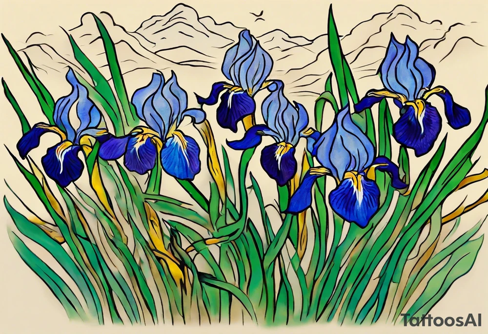 Create a small, thick, colorful Vincent van Gogh Irises tattoo, with vines in Celtic knots gracefully intertwining at mountains, needs to be present. The intended placement is on the upper chest. The overall design should be small in size while maintaining a delicate and artistic aesthetic. Pay attention to the graceful flow of the vines and the placement of the irises to achieve a refined and elegant look. tattoo idea