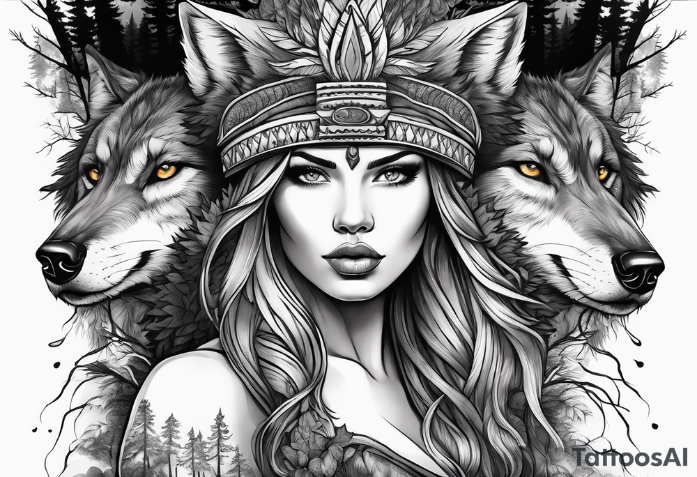 Raging storm with forest, beautiful woman wearing a wolf headdress tattoo idea