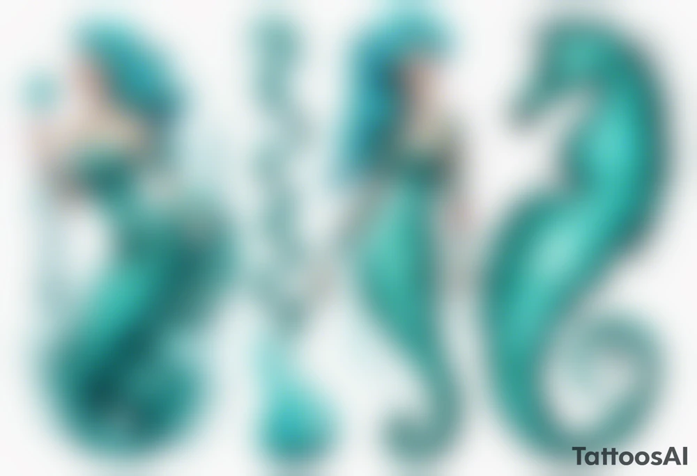 a tall woman made of water with turquoise hair riding a seahorse tattoo idea