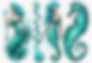 a tall woman made of water with turquoise hair riding a seahorse tattoo idea