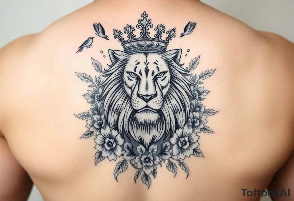 powerful majestic lion with a crown, surrounded by floral ornaments and birds tattoo idea
