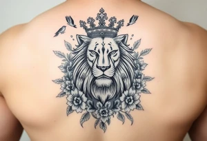 powerful majestic lion with a crown, surrounded by floral ornaments and birds tattoo idea