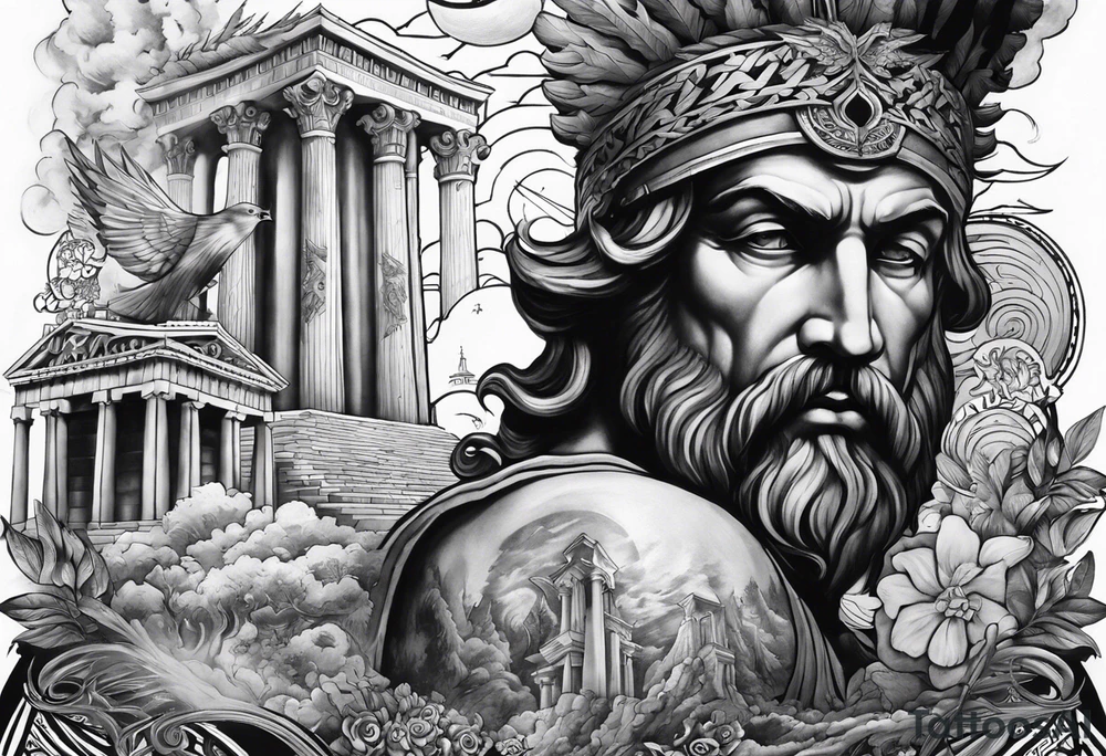 I want half sleeve tatto on the right arm 
With zeus and some thunder from his eyes, some text beside the zeus and  Temple of Olympian Zeus tattoo idea