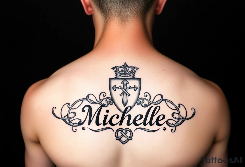 Create a tattoo on a man’s chest if a woman’s name. Claddagh and the name Michelle. Irish themed with Celtic knot throughout tattoo idea