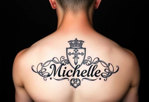 Create a tattoo on a man’s chest if a woman’s name. Claddagh and the name Michelle. Irish themed with Celtic knot throughout tattoo idea