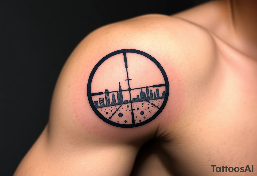 scope crosshairs with eerie la city horizon in background tattoo idea