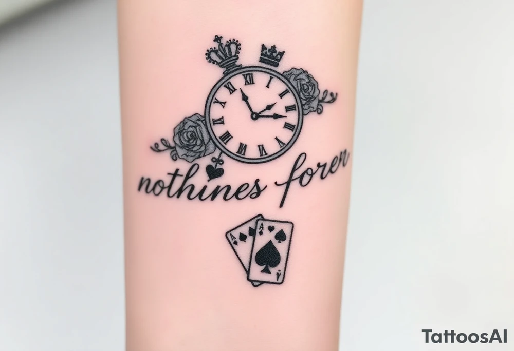 Roman clock with roses and a crown,  a quote that says nothings forever. and on the bottom a deck of cards tattoo idea
