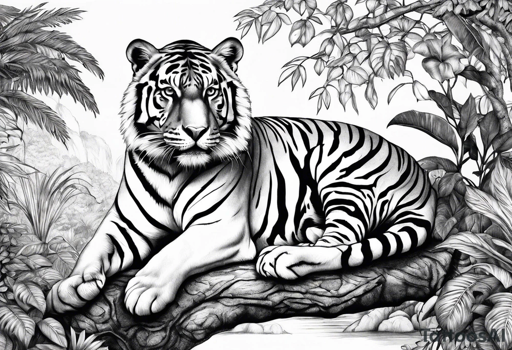 Calm strong tiger in the jungle, with jaguar in tree tattoo idea