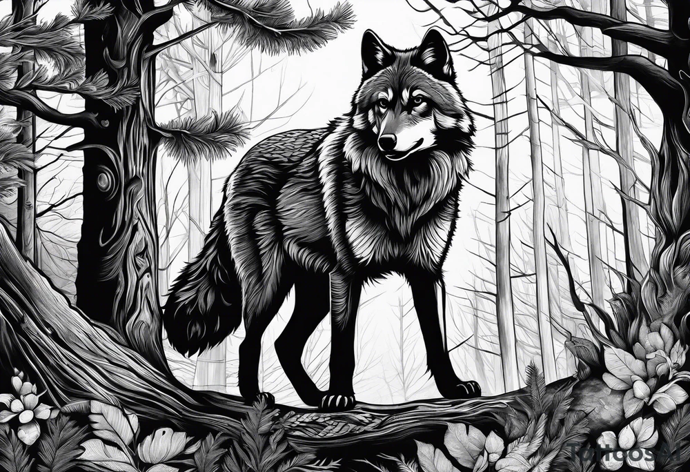 Wolf and raccoon 
Background Woods tattoo idea