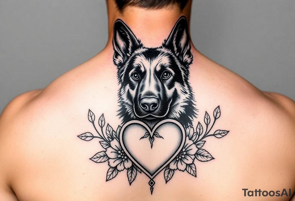 short haired german shepherd floral sacred heart tattoo idea