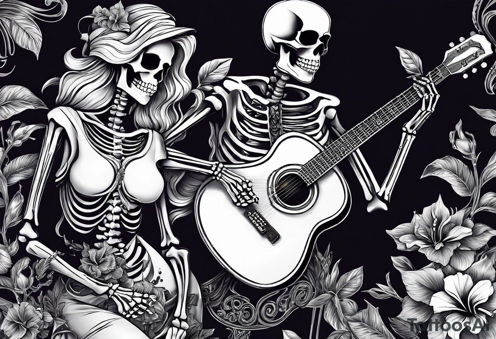 a male and a female skeleton. The male skeleton is playing the guitar. The female skeleton has a hibiscus flower. tattoo idea
